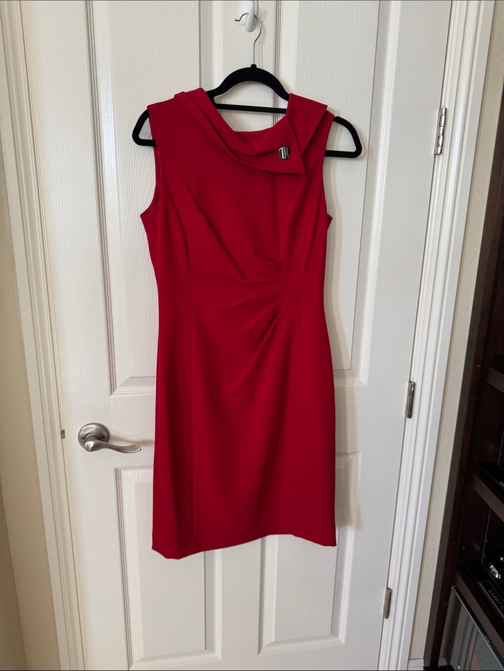 Tahari ASL Red Sleeveless Sheath Dress with Draped Neck